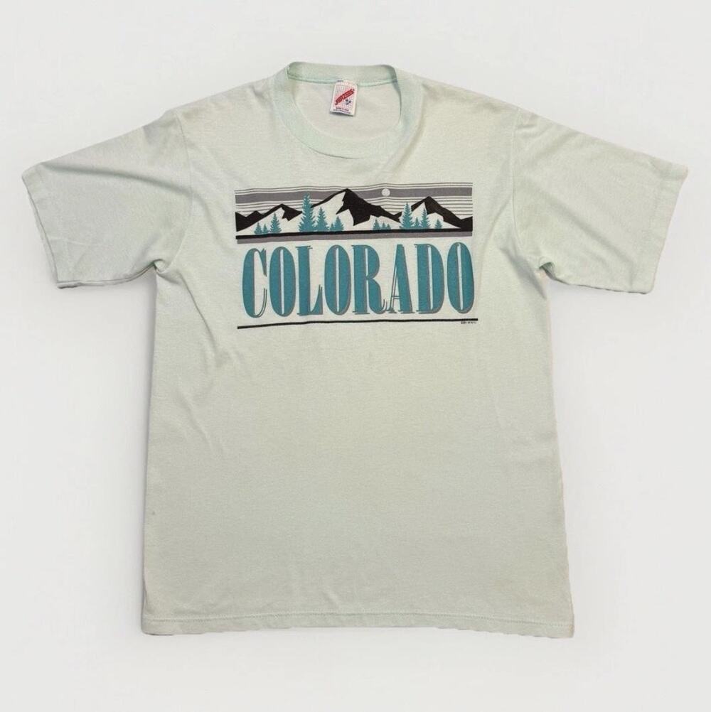 Vintage Jerzees Shirt Mens Medium Green Colorado Mountains Graphic Tee USA 80s